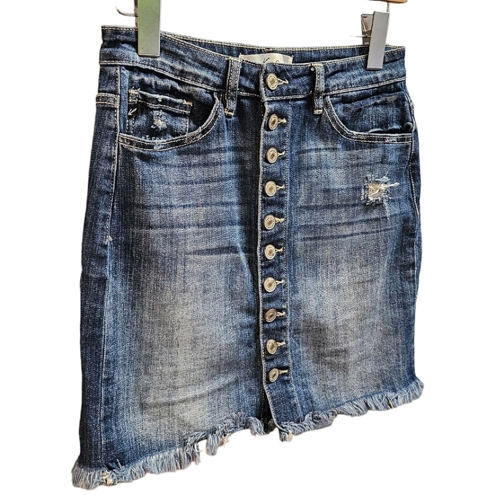 KanCan Frayed Hem Button Down Denim Skirt Size Small Cotton Stretch Distressed - Picture 4 of 9